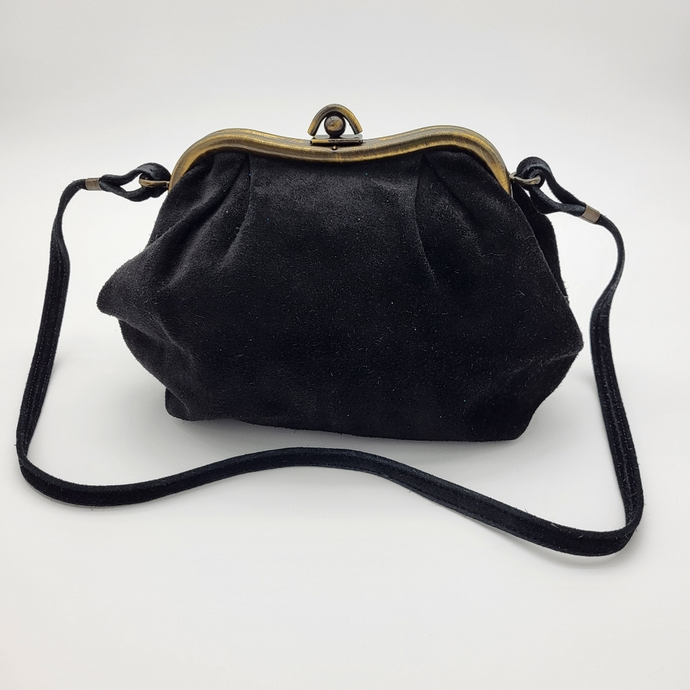 Vintage style small black suede shoulder crossbody with snap lock closure